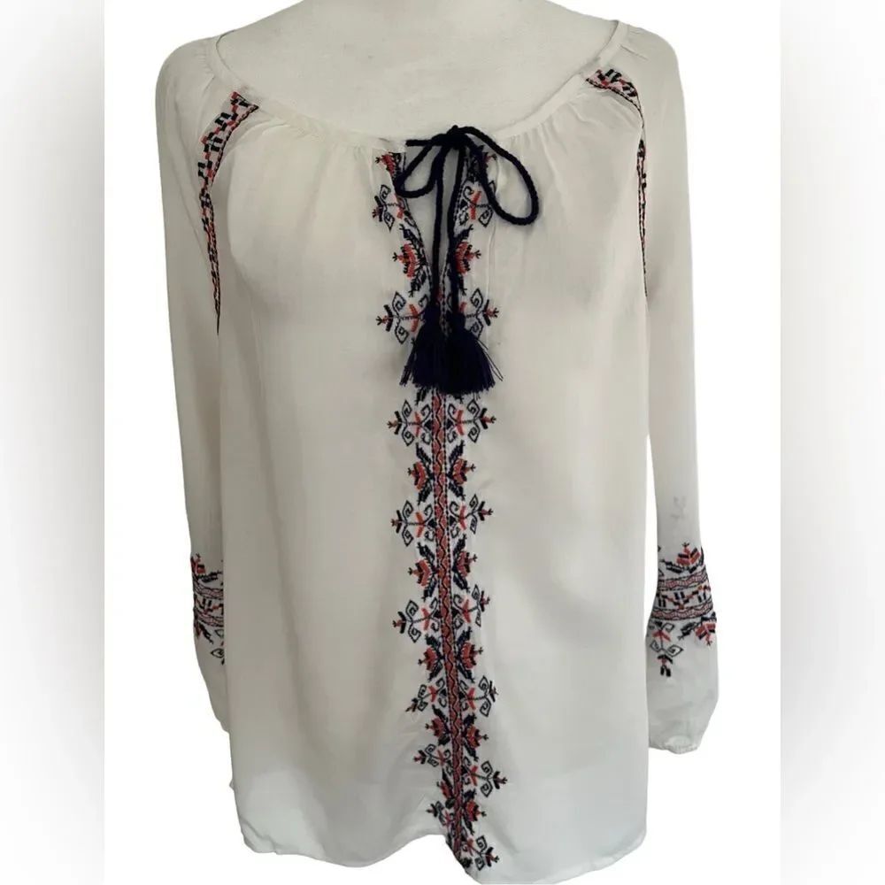 New with tags Lucky Brand white embroidered tassel tie peasant style top size S